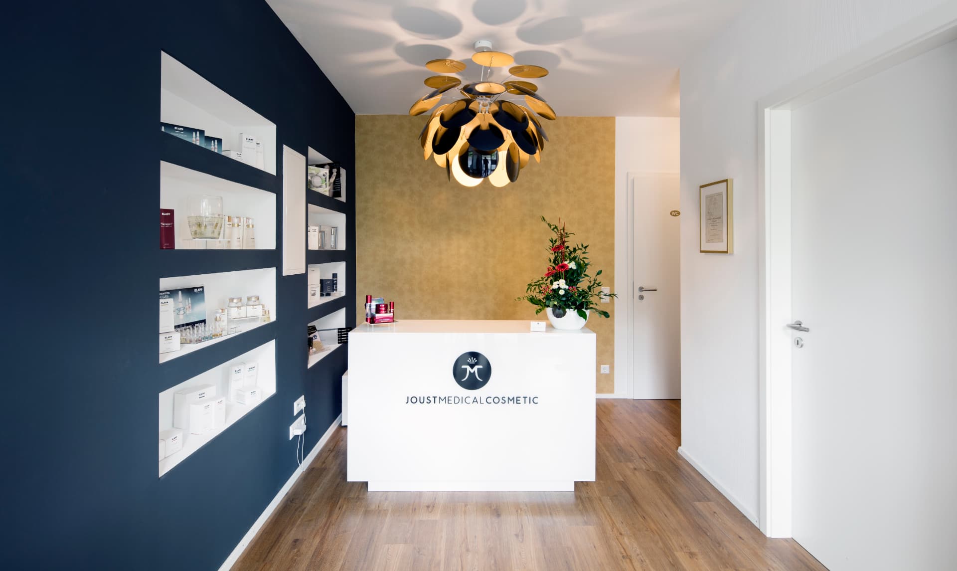 Empfangsbereich mit Tresen und Produktregal bei Joust Medical Cosmetic in Ludwigsburg